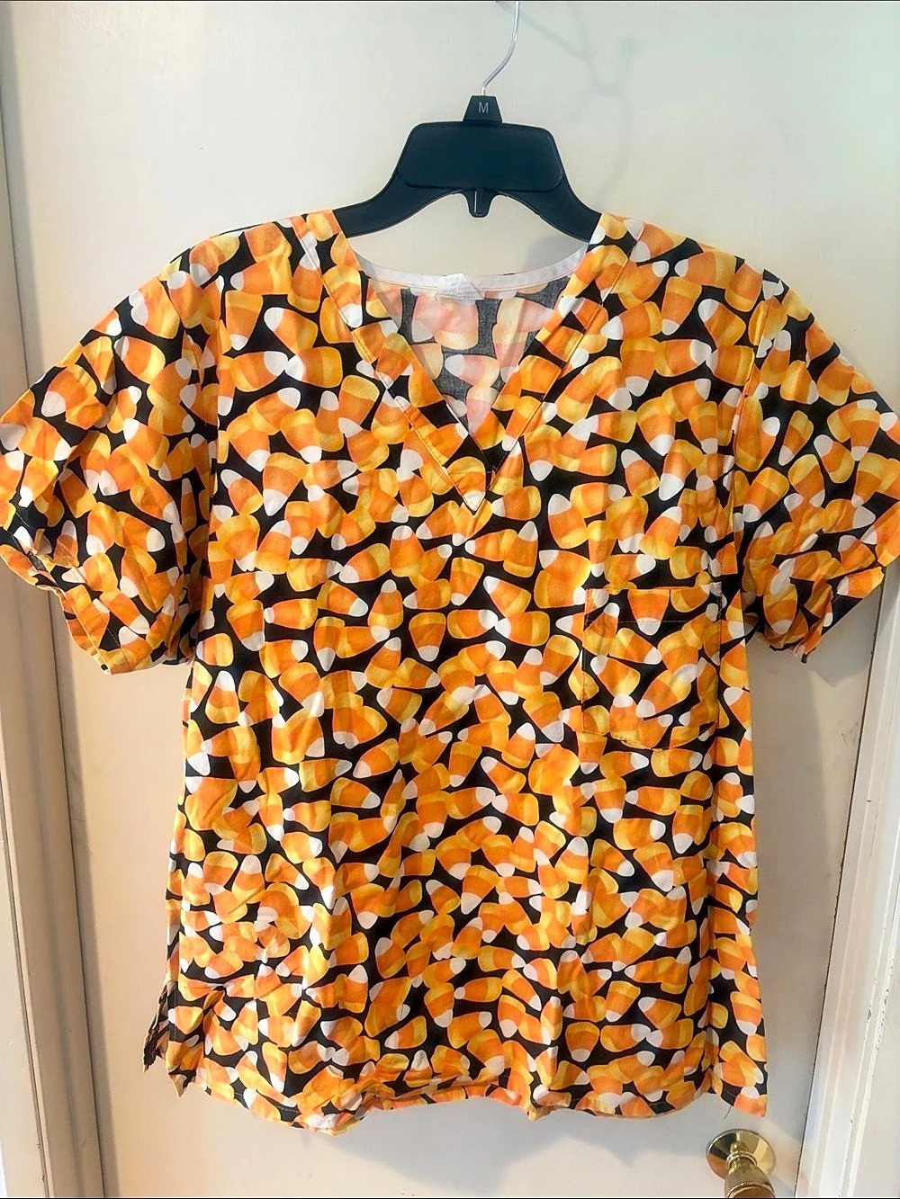 Abstract Print Short Sleeve Scrub in Orange & Black(Candy Corn!)